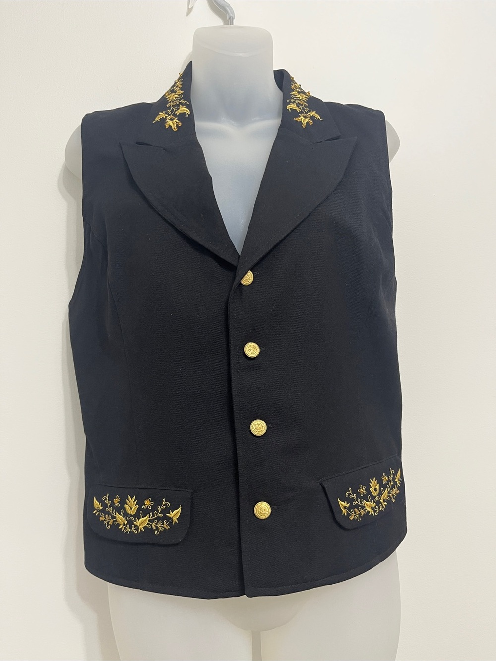 Black Embroidered Button-Front Vest with Gold Accents